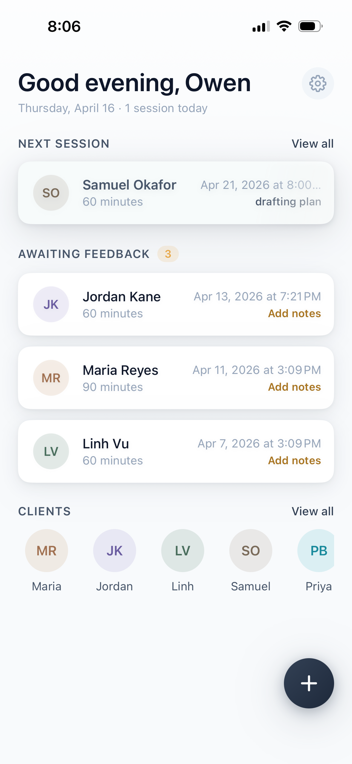 MyoPlan dashboard — today's sessions and clients awaiting aftercare